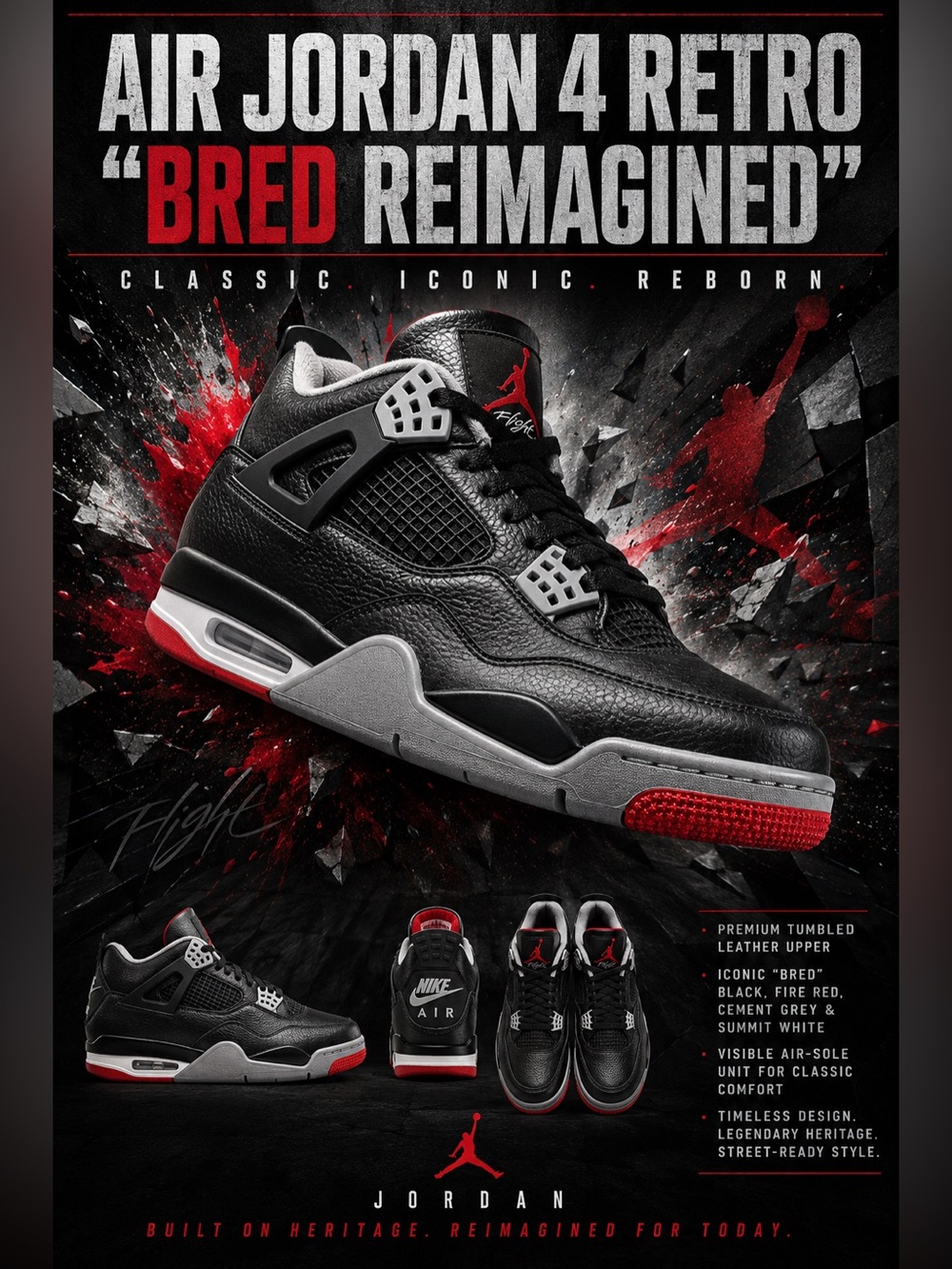 New!🔥Air Jordan 4 Retro 'Bred Reimagined' with a textured black leather upper!🔥
